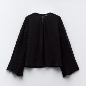 ZARA PLEATED SLEEVE BLOUSE WITH BEADED NECKLINE